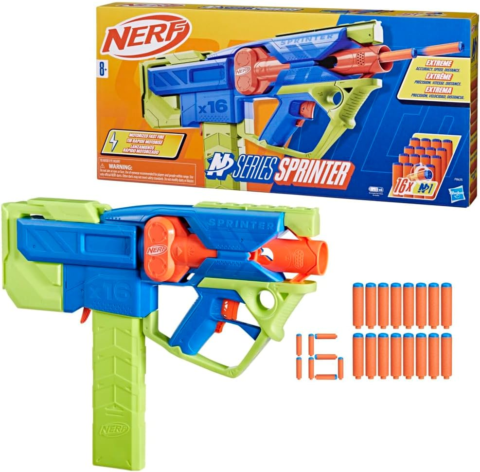 Nerf N Series Sprinter Motorized Dart Blaster, 16 Nerf N1 Darts Compatible Only with Nerf N Series Blasters, 16 Dart Clip, Gifts for Kids, Ages 8+
