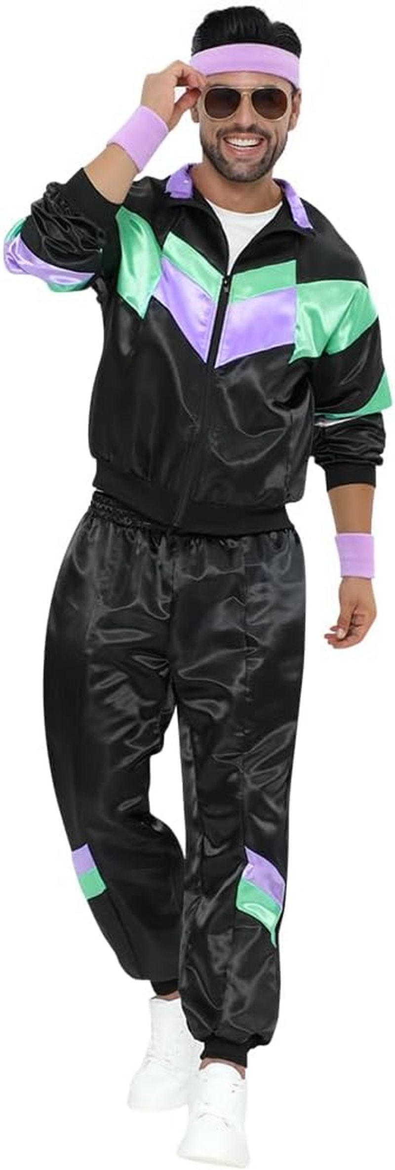 AUTOWT 70S 80S Shell Suit, Men Women Lightweight Long Sleeve Tracksuit, Retro Color Block Hip Hop Windbreaker Disco Costume for Rock Festivals Carnival Parties Mardi Gras No Accessory