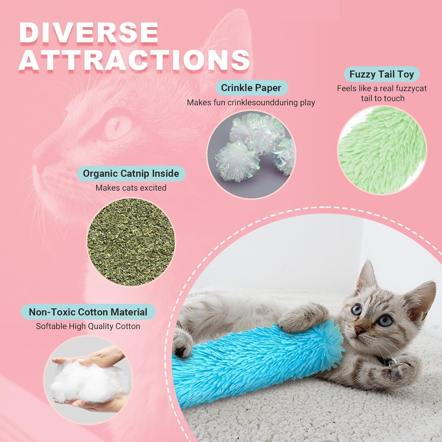 Cat Toys Cat Pillows 4 Pack Soft and Durable Crinkle Sound Catnip Toys, Interactive Cat Kicker Toys for Indoor Cats, Promotes Kitten Exercise Plush Cat Chew Teething Clean Toy for Small Cats image number 1