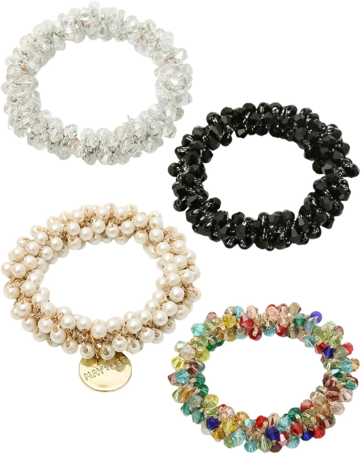 KGDUYC 4 Pieces Pearl Hair Bobbles Rhinestone Ponytail Holder Beads Hair Ties Elastic Hair Band Hair Accessories for Women White Black Colorful Mother of Pearl