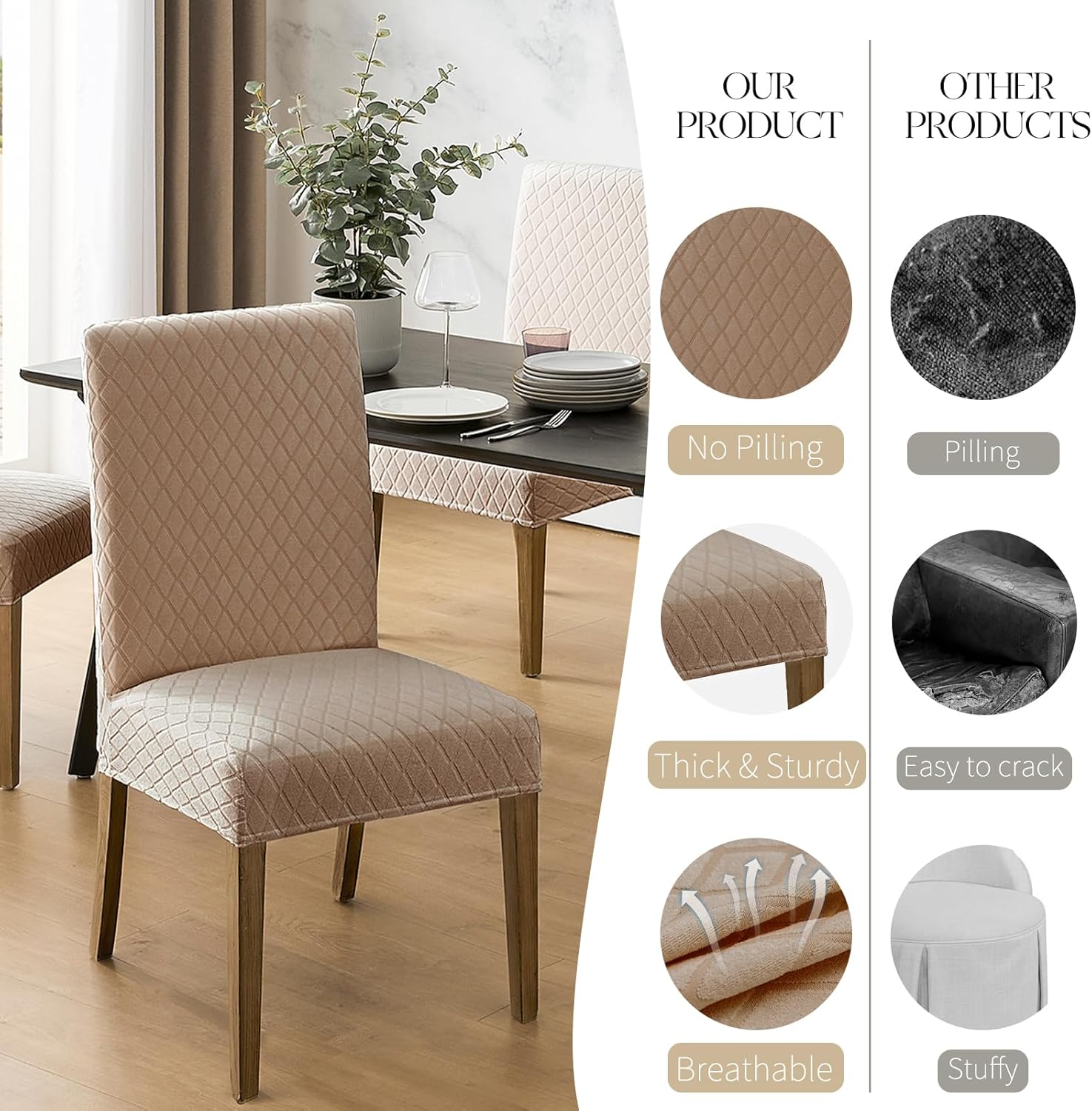 MOSAYT 100% Waterproof Dining Room Chair Covers Set of 4, Super Fit Stretch Jacquard Parson Chairs Slipcovers Removable Washable Chair Seat Protectors for Home, Kitchen, Banquet (Khaki) image number 4