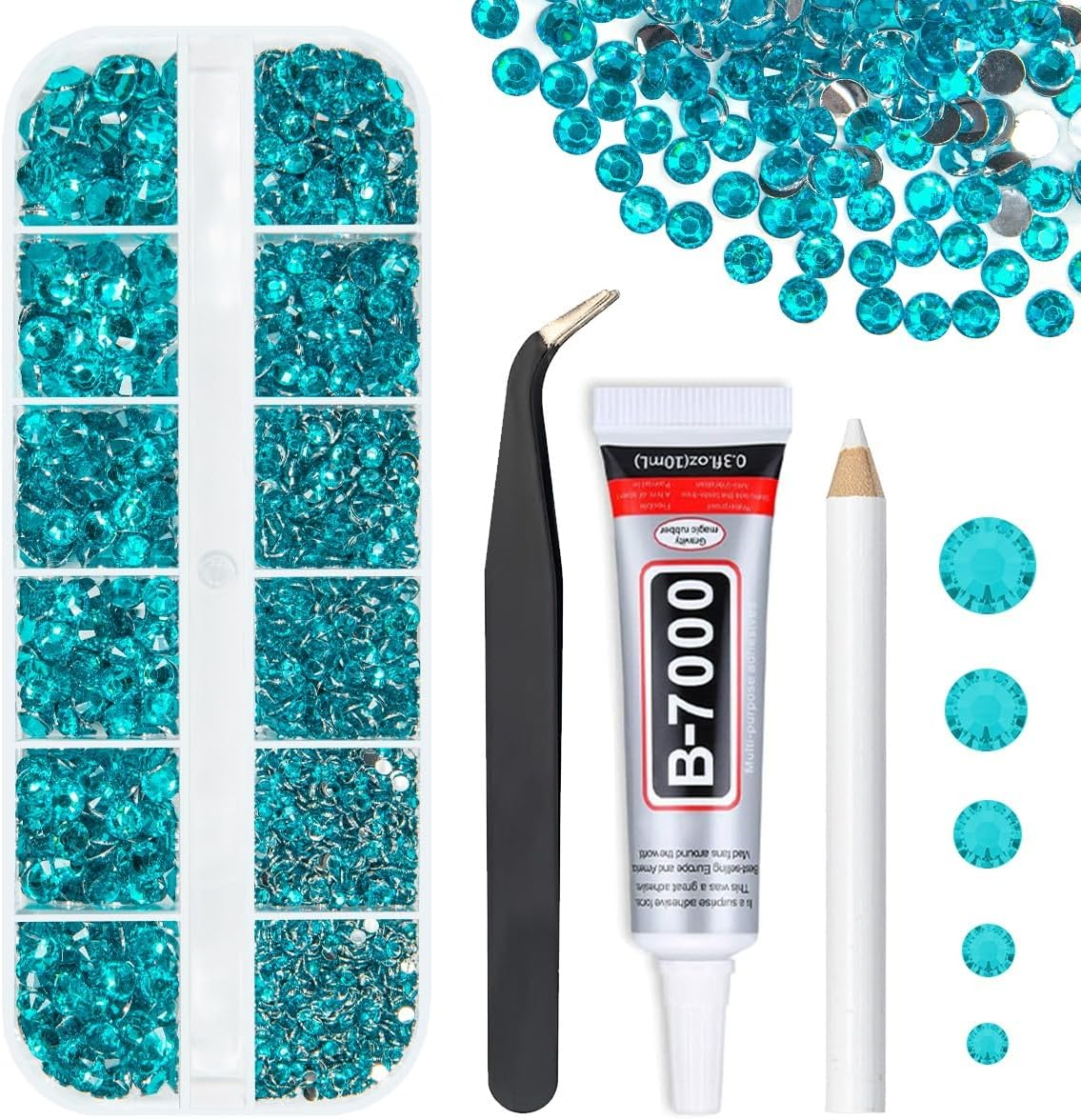 Qiipii Blue Zirconia Crystal Resin Rhinestone with Jewelry Glue B7000 for Crafts Stunning Flat Bottom Stones Teal Blue Gems 2Mm to 6MM Diamonds Turquoise Crystals for Nail image number 2