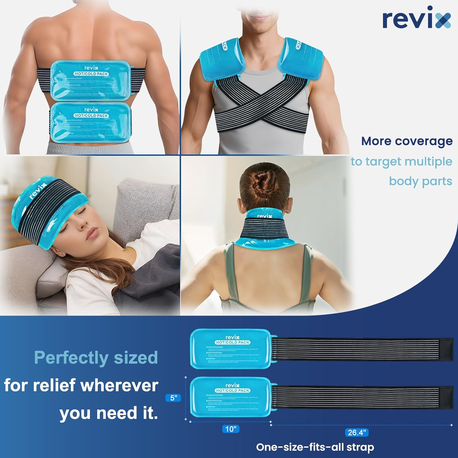 REVIX Large Ice Packs for Injuries Reusable, 2 Packs Hot & Cold Gel Ice Packs with PVC Cooling Design & Adjustable Strap, Flexible Therapy on Joints, Muscles, Shoulder, Back and Knee (12" X 6" Blue) image number 6