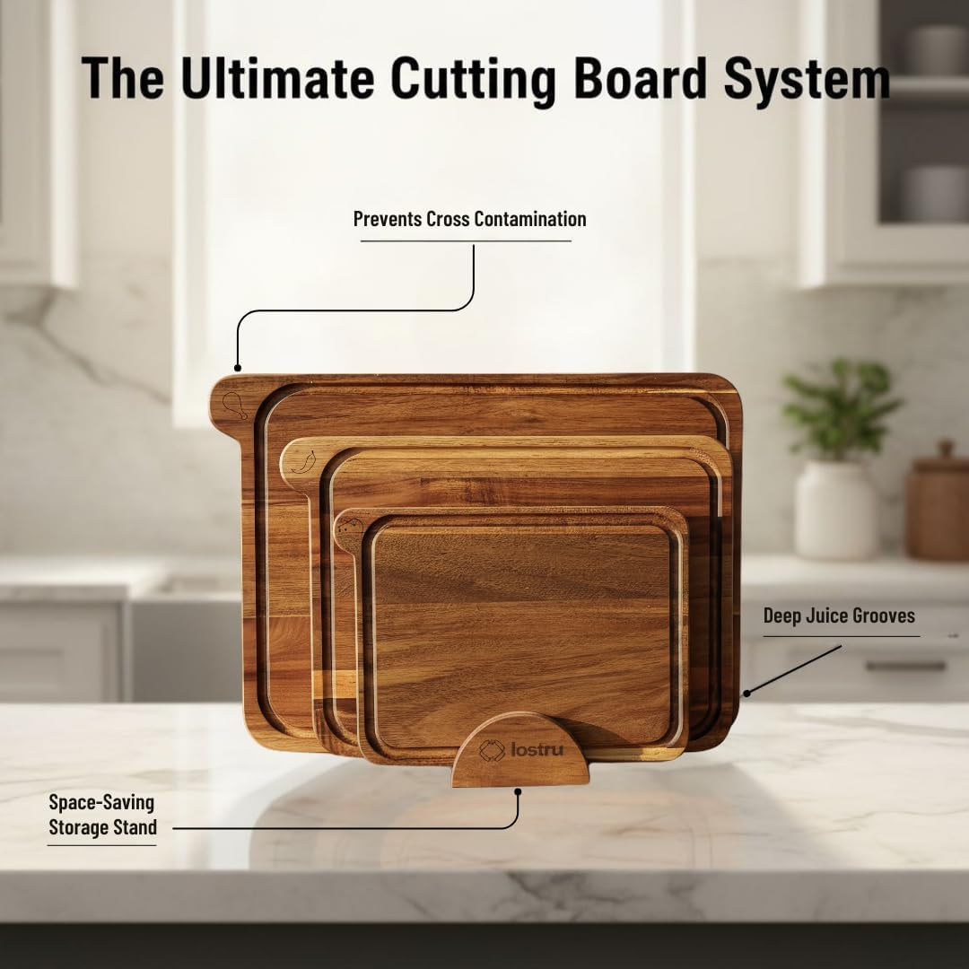 LOSTRU 3-Piece Non-Toxic Acacia Wood Cutting Board Set with Stand - FSC Certified Wooden Chopping Boards - Engraved Food-Safe Icons, Deep Juice Grooves, Kitchen Space-Saving Organizer, Multi-Size image number 4