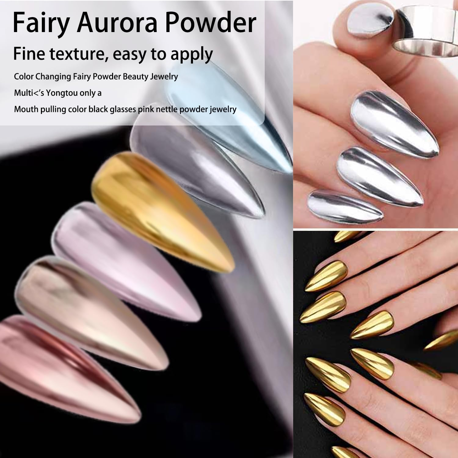 Chrome Nail Powder,Aurora Chrome Powder Mirror Luster Effect Charm Chrome Nail Powder Kit,Fairy Chrome Powder for Nails Nail Art,Chrome Powder for Acrylic Nails (Multicolour-Gold) - Multicolour-Gold image number 5