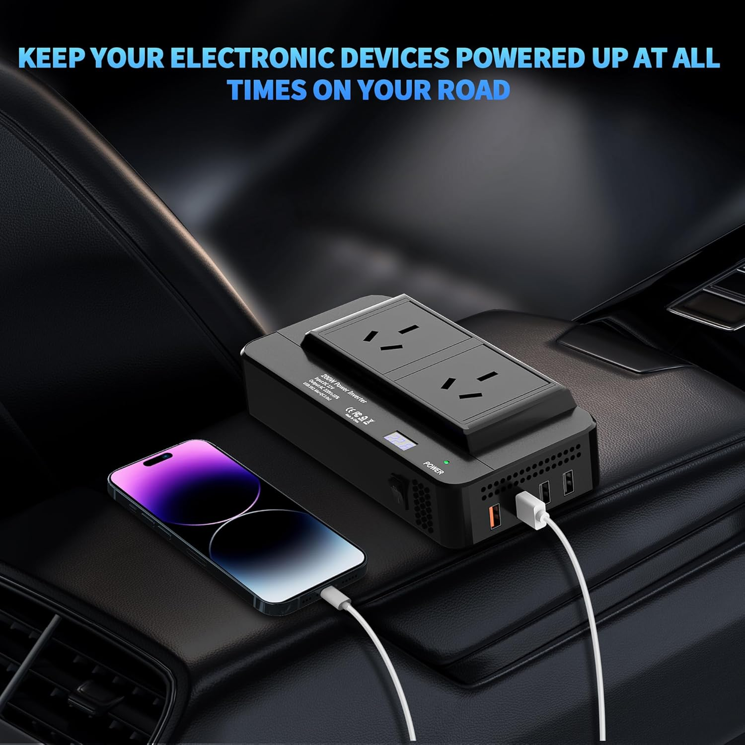 200W Car Power Inverter, DC 12V to 240V AC Converter with 2 AU Outlets & 4 USB Ports, Fast Charging Adapter with Switch and Current LED Screen for Car, SUV, Truck image number 6