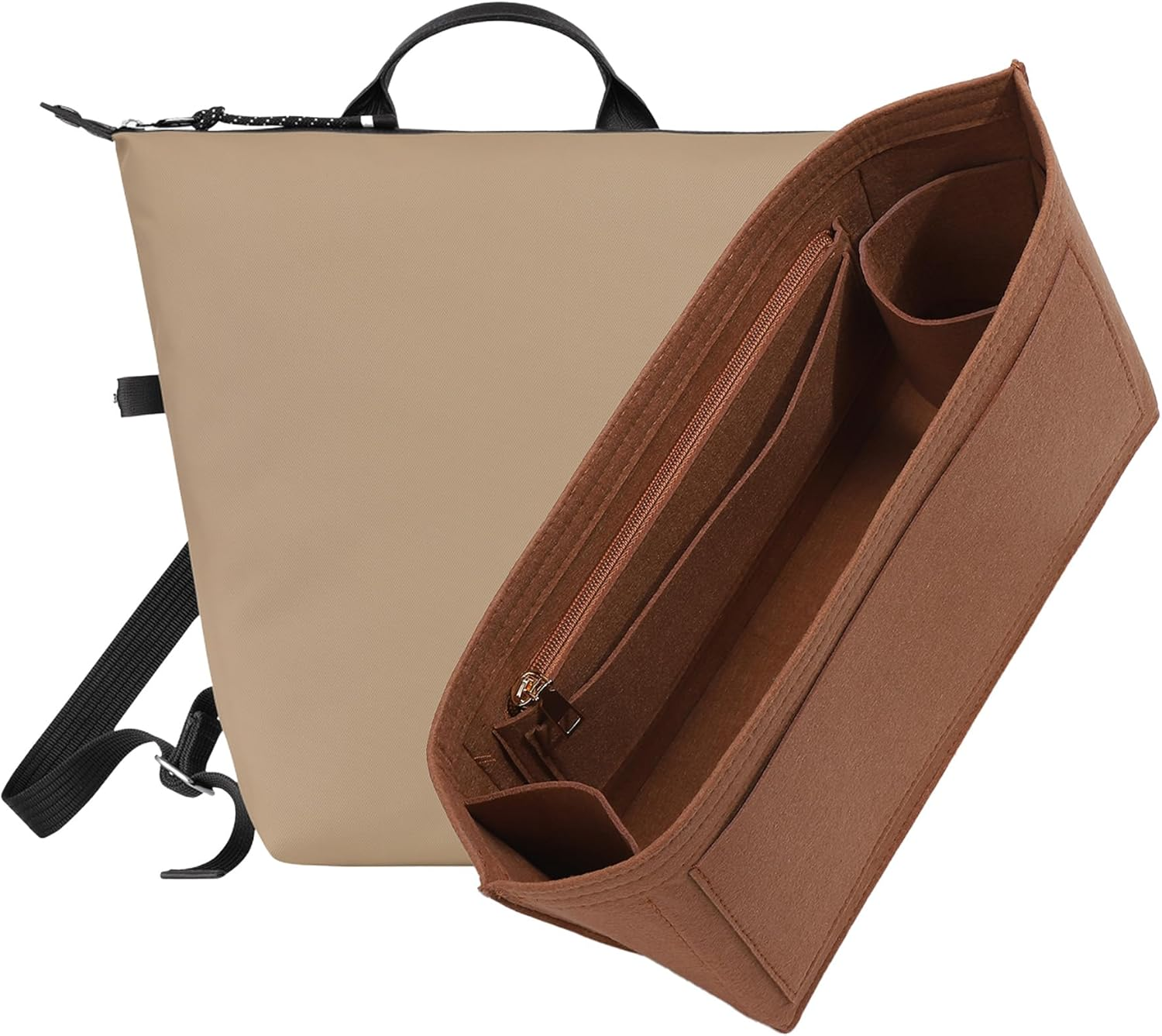Oaikor Premium Felt Purse Organizer Insert for Longchamp Le Pliage S Handbag,Zipper Small Handbag Organizer with Cup Holder,Bags Storage Divider with 8 Upgraded Deepened Compartments,S/Beige