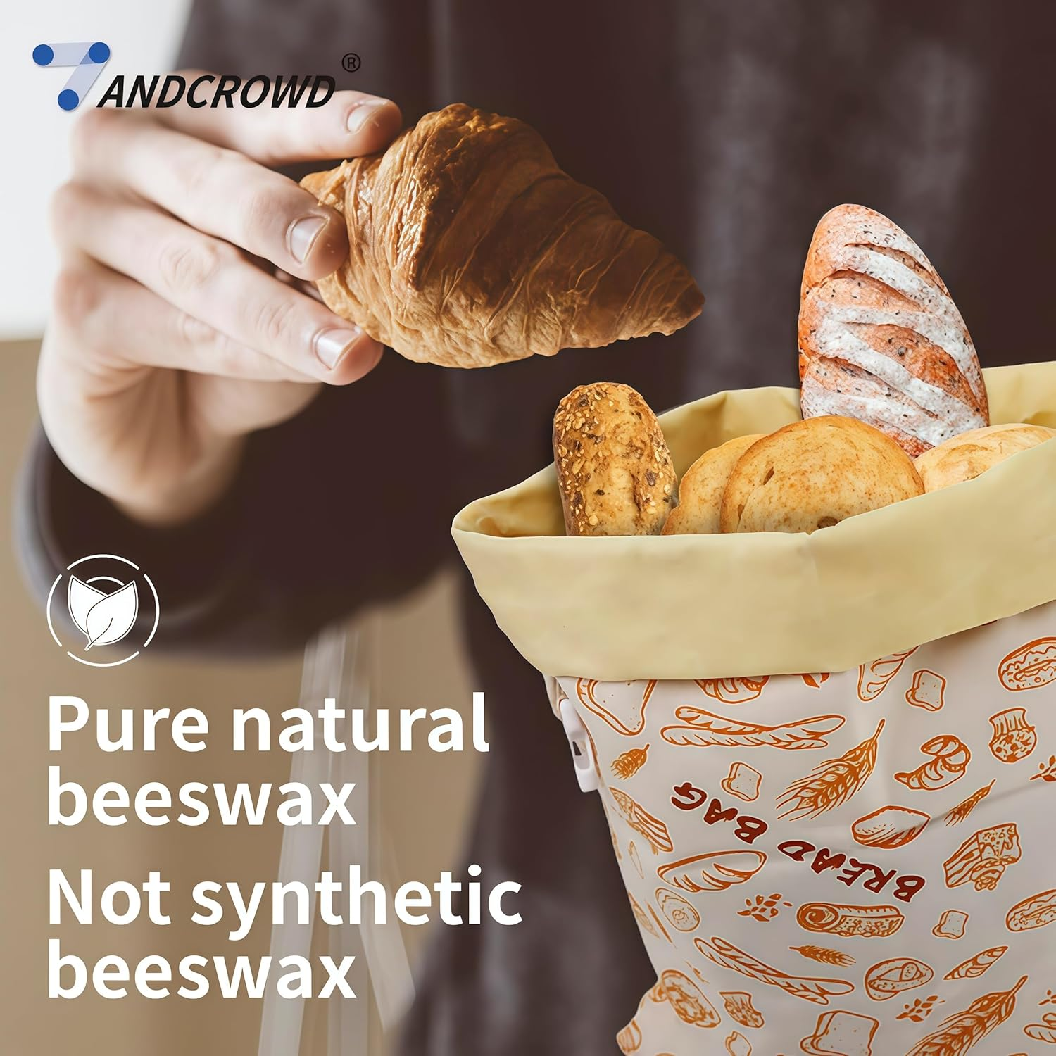 Beeswax Bread Bag Suitable for Food Preservation,Baking Storage and Outdoor Picnics.Beeswax Lined,Reusable Cotton Cloth Bag Forhomemade Bread,Freezer Storage Bag,Fresh Keeping,2 Pack. image number 1