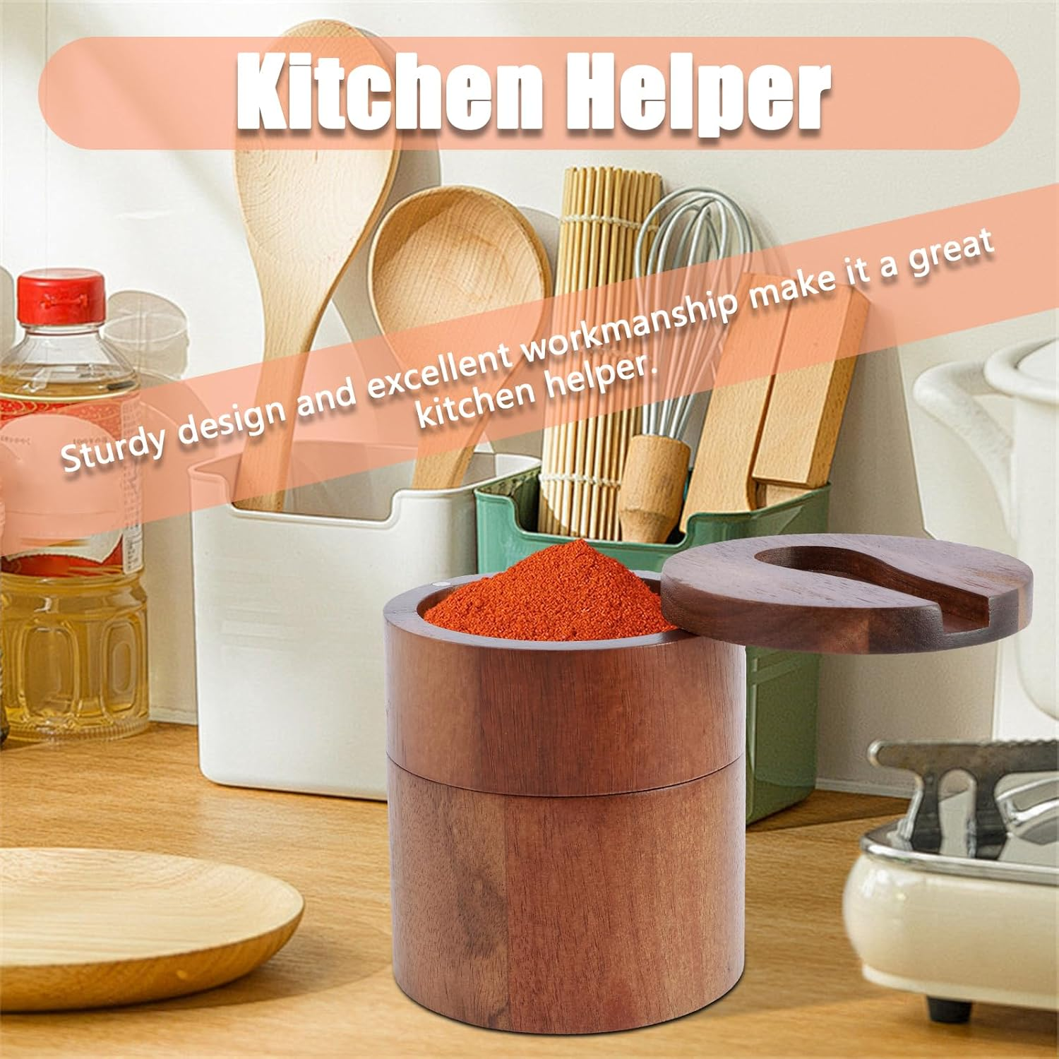 PHWRECZ 2 Layers Acacia Wood Salt and Pepper Bowl Salt and Pepper Storage Box Salt Container Salt Keeper with Built in Spoon and Magnetic Swivel Lid Dustproof Salt Holder for Kitchen Serving (Wood A) image number 1