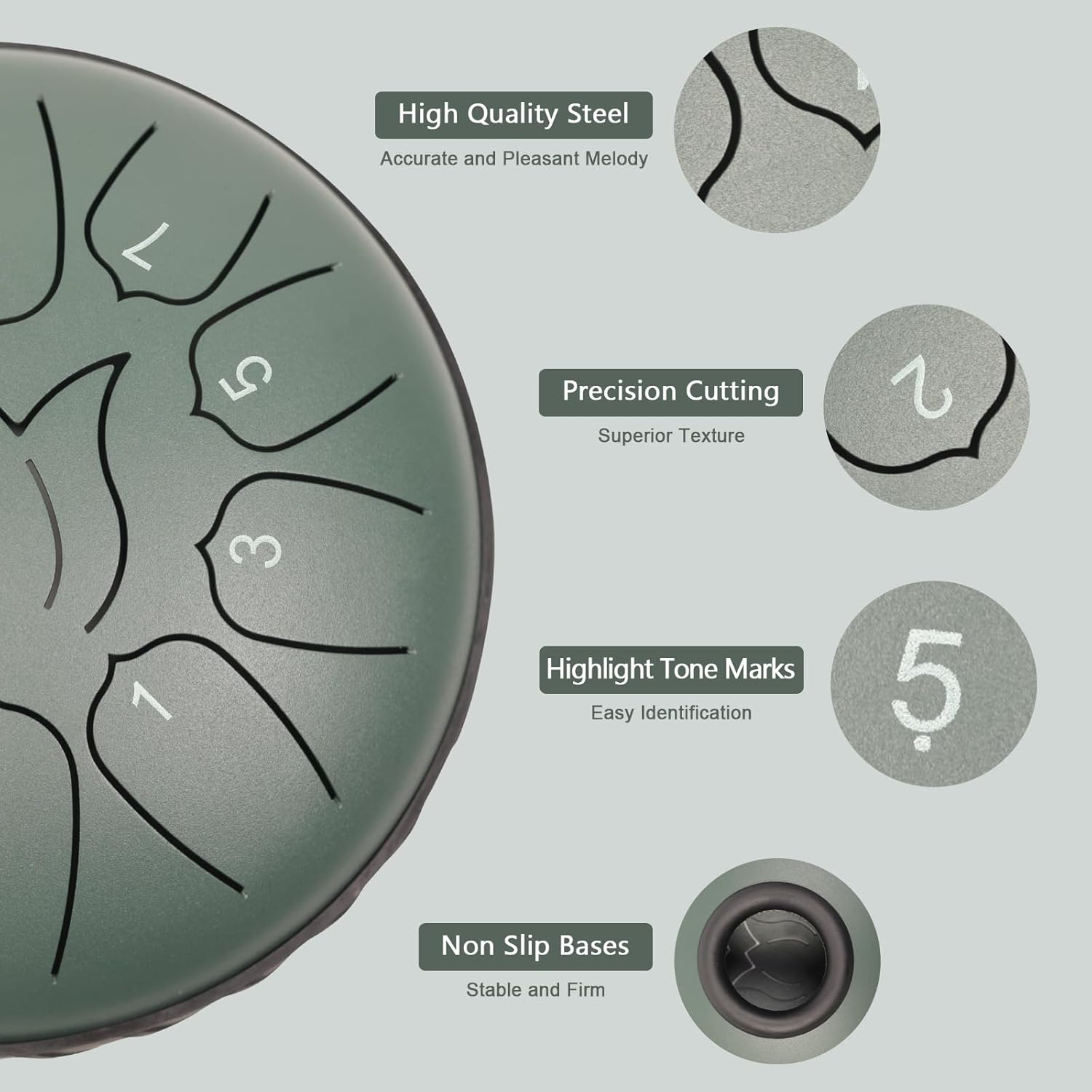 Steel Tongue Drum 11 Notes 6 Inches, D Major Percussion Instruments, Kit with Music Book, Carry Bag, Mallets, Mallet Holder and Stickers, for Yoga, Meditation, Green (Drum611-Green) image number 4