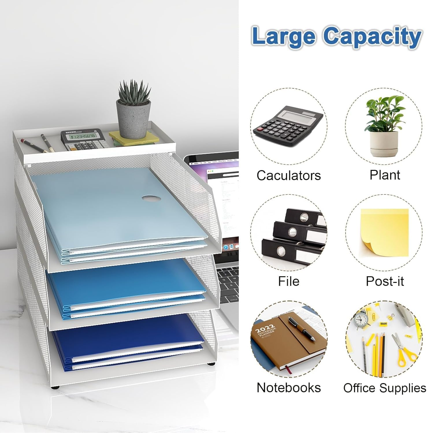 Desk File Organiser, 3 Tier Drawable Storage Rack with Top Box Letter Tray Paper Organiser with Pen Holder and Metal Hanging Basket, Simple and Stylish Office Supplies, White (Horizontal) image number 2