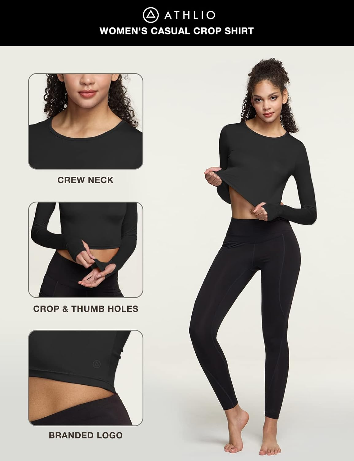 ATHLIO Women'S Sports Compression Shirt, Cool Dry Fit Long Sleeve Workout Tops, Crop 2Pack Bfd20-Blk_Large image number 3