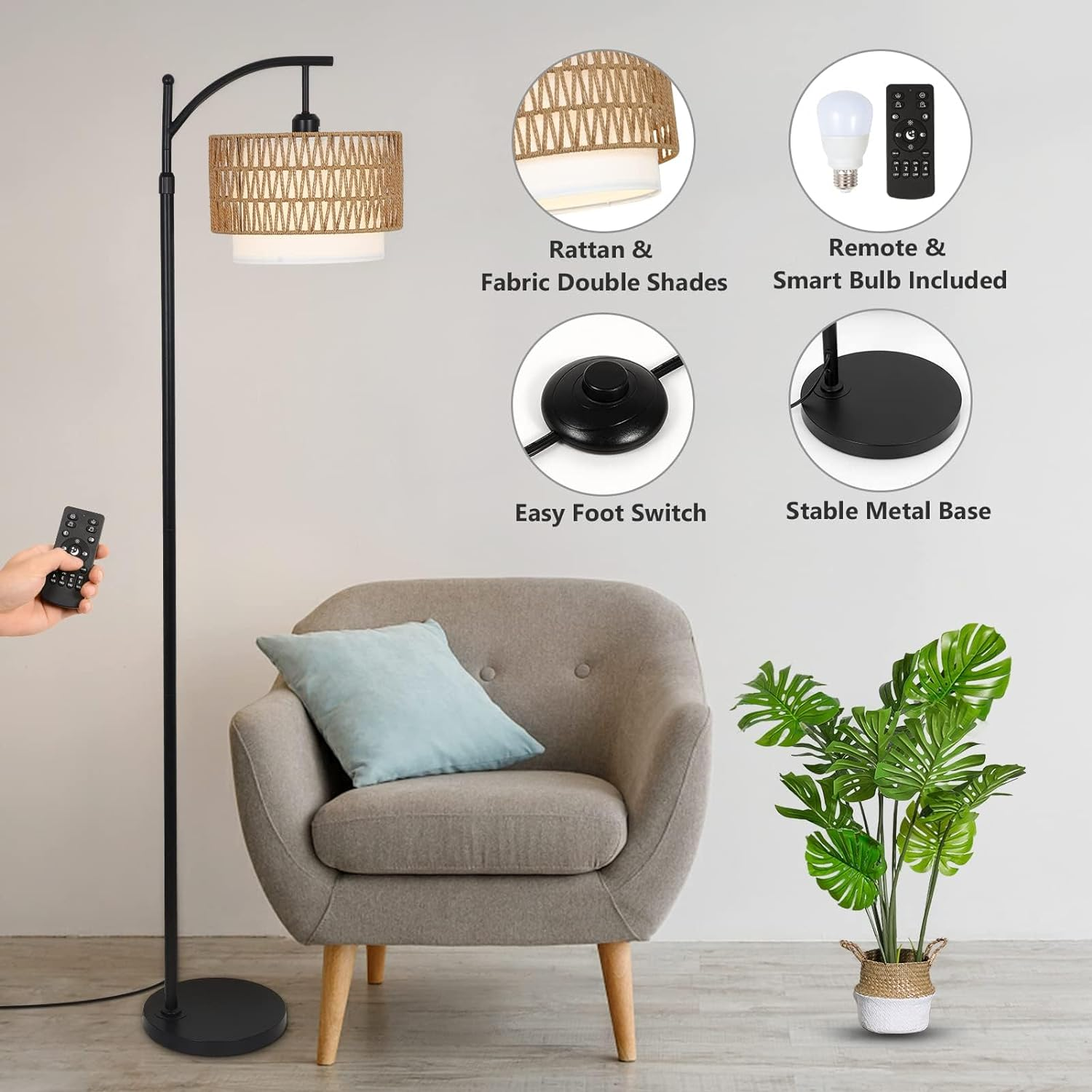 Arc Floor Lamp for Living Room with 3 Color Temperatures, Farmhouse Floor Lamps with Remote & Dimmable Bulb, Boho Standing Lamp with Rattan & Fabric Shades, Adjustable Tall Lamp for Bedroom image number 6