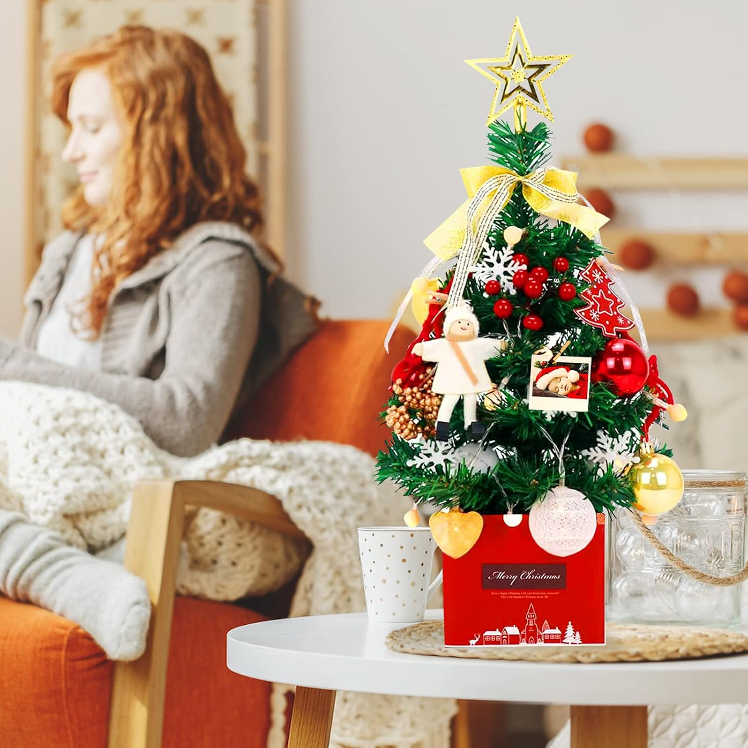 50Cm Artificial Christmas Tree, Mini Christmas Tree Decoration, 24In Small Tabletop Xmas Tree with Xmas Ball Stars Bow Ornaments for Home Office Shop Desktop Party Decor (Gold, 1.6Ft) - Green, 2Ft image number 4