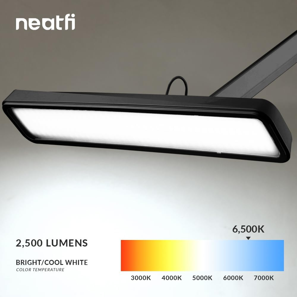 Neatfi (New Model) XL 2500 Lumens LED Task Lamp, 24W, 117 Pcs SMD LED, 56CM Wide Lamp, Eye-Caring (Black, Non-Cct with Clamp) image number 2