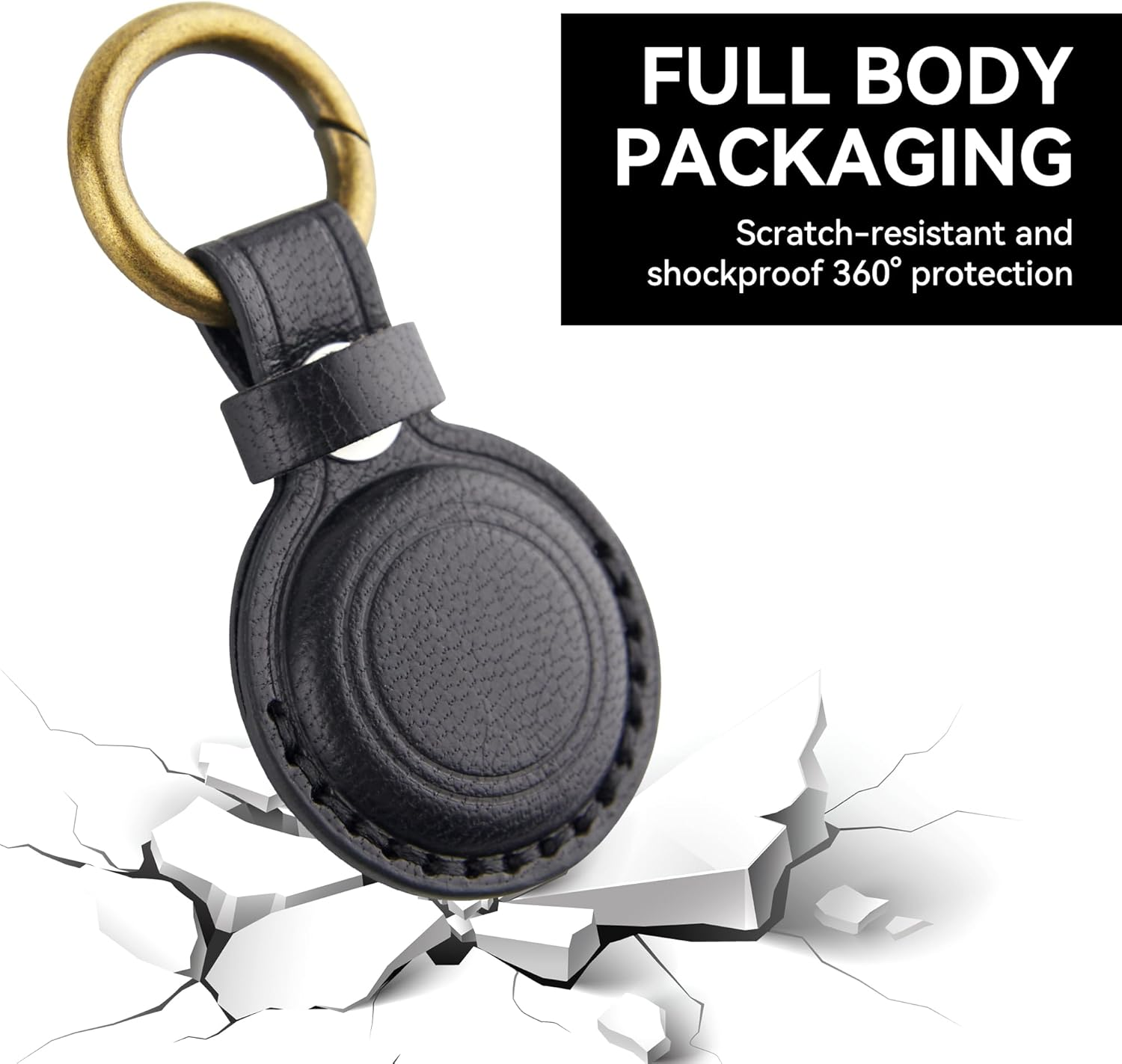 [1 Pack] Keychain Holder Case for Airtag, Genuine Leather for Airtag Holder with Keyring Hanging on Dog Collar Backpacks Wallet, Safety Anti-Lost Case Cover with Key（Black） image number 5