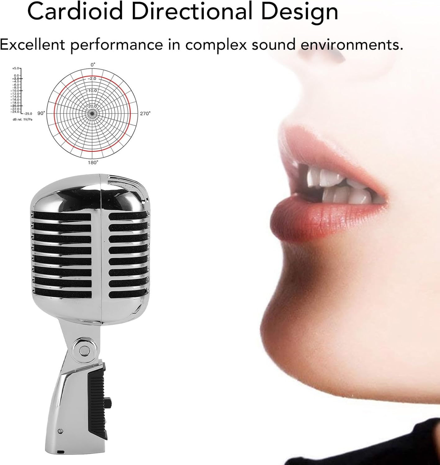 Classic Retro Dynamic Vocal Microphone, Old Vintage Style Cardioid Directional Mic with Self Tensioning Swivel Rack, for Live Performance Studio Recording (Silver) image number 1