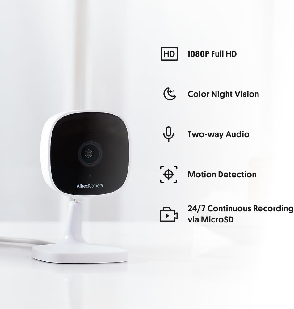 Alfredcamera Indoor Security Bullet Camera - Plug-In Baby Monitor/Pet Cam - Full HD 1080P, Night Vision, Wide-Angle View, Continuous Recording, and Stick-On Mount - Works with Alfred Camera App