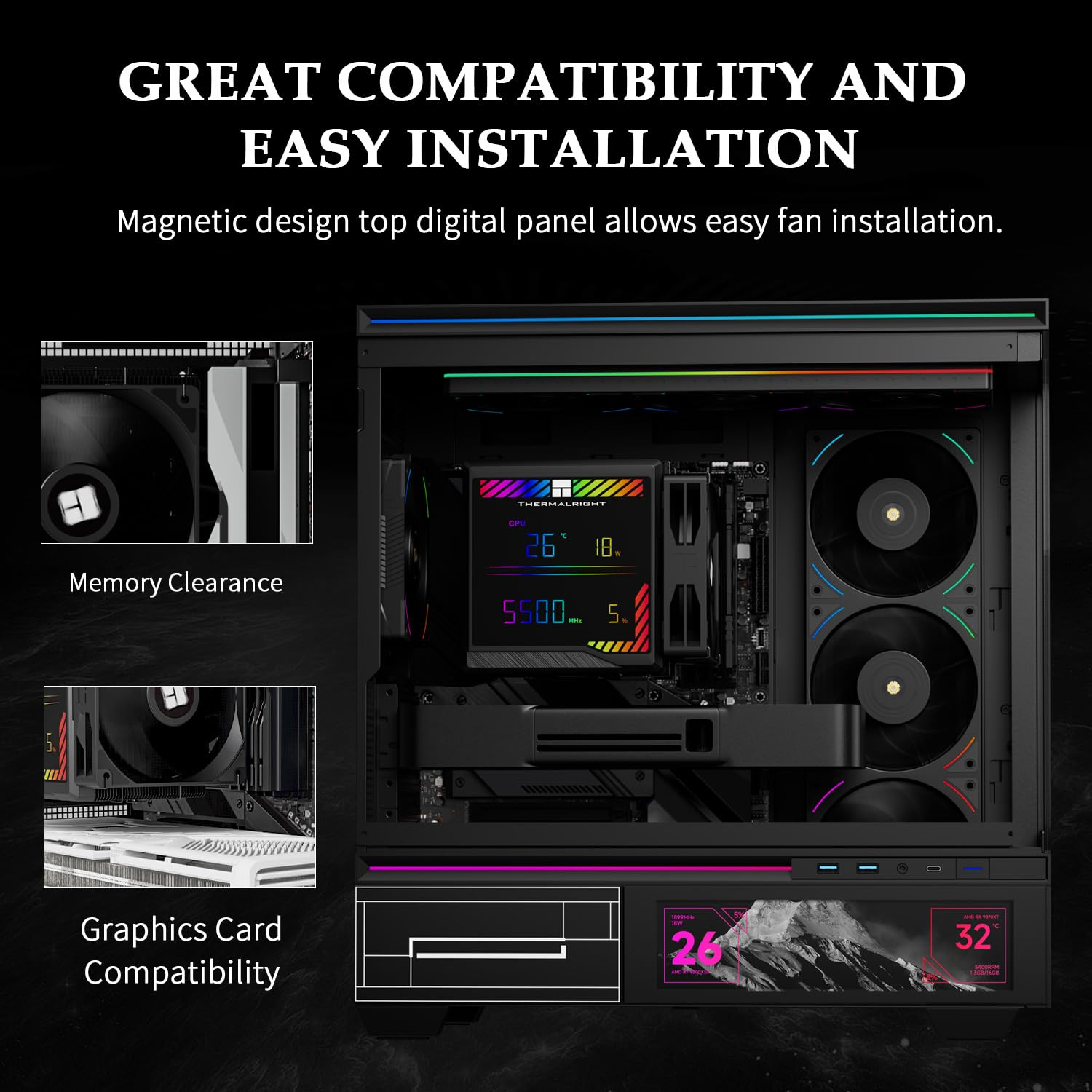 Thermalright Peerless Assassin 140 Digital Black CPU Cooler, Double Towers and Double Fans Cooling, CPU Air Cooler, ARGB Digital Screen Top Cover, for Am4/Am5,Intel LGA1851/1700/115X/1200/2011