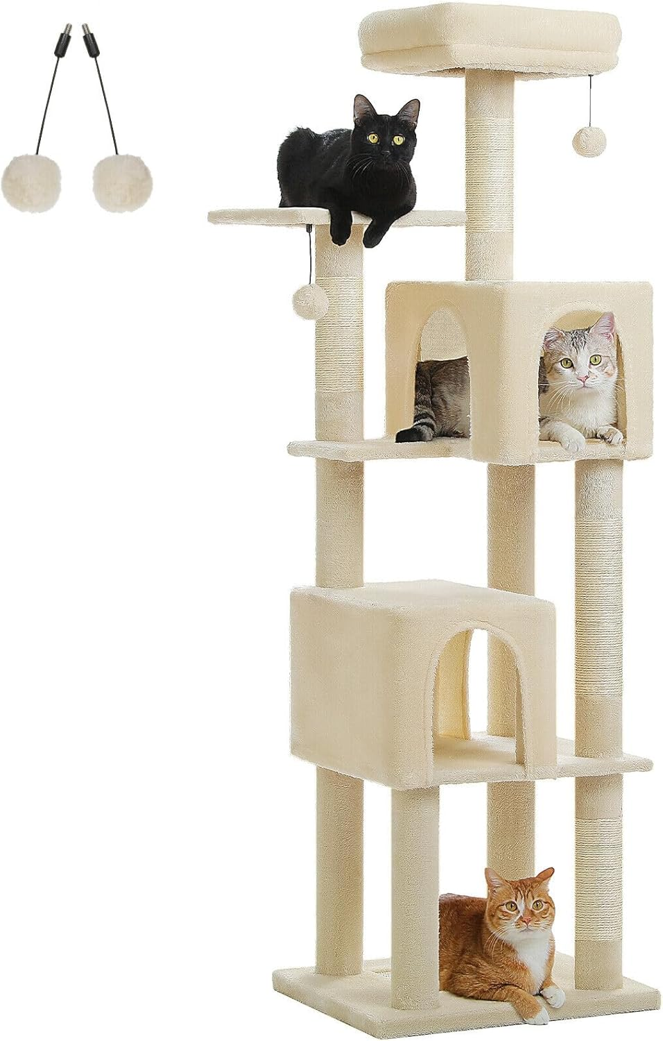 PAWZ Road Cat Tree, 157Cm Cat Tower for Indoor Cats, Multi-Level Cat Furniture with 4 Scratching Posts, 2 Top Perches, 2 Large Condos, Beige