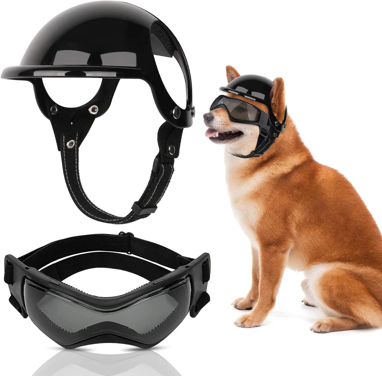 Slowton Pet Dog Helmet Goggles Set, Dust Wind UV Protection Dog Sunglasses, Pet Motorcycle Helmet Drop Resistant Hard Safety Hat with Ear Holes & Adjustable Belt, Eye Head Protection for Biking Riding