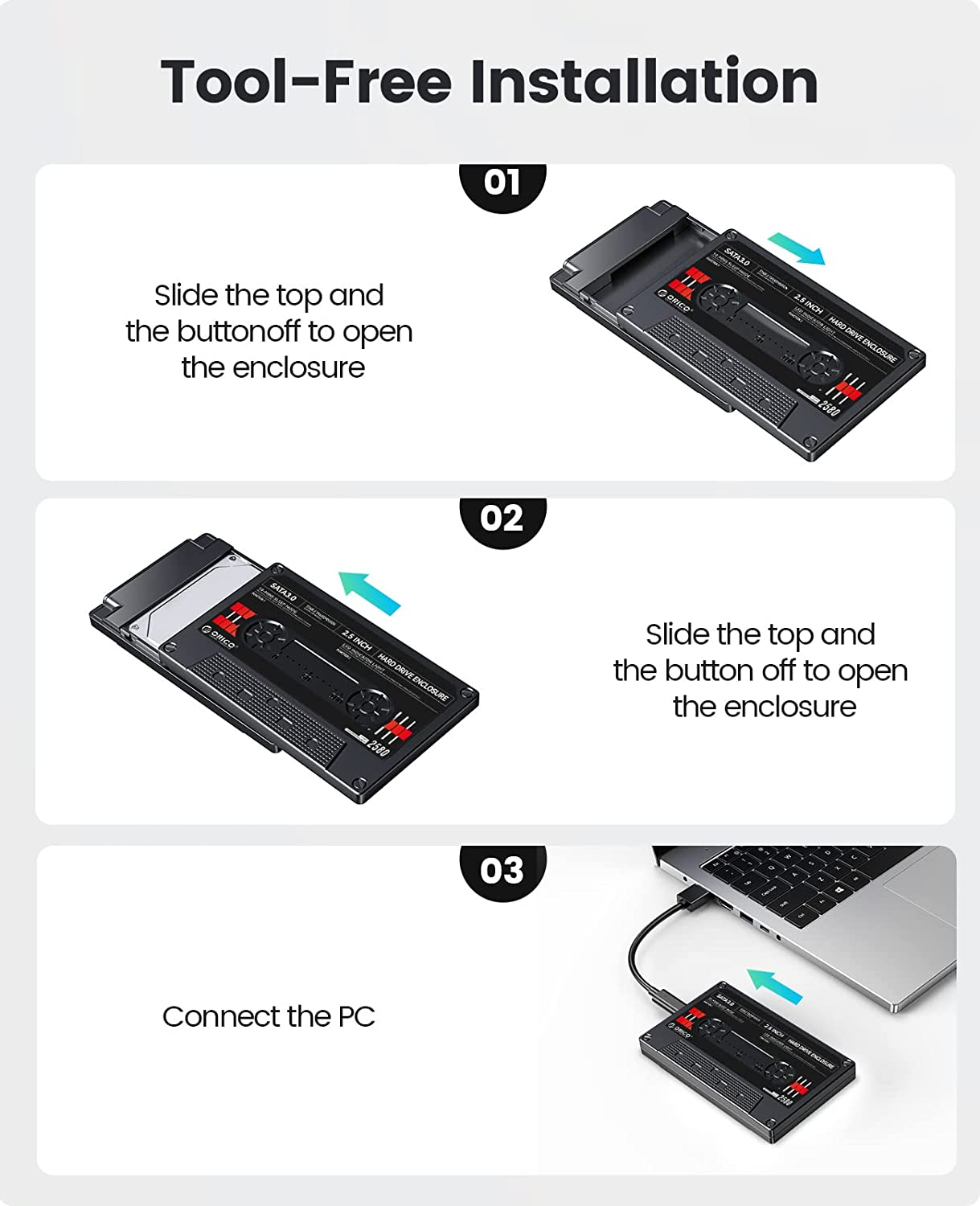 ORICO 2.5 Hard Drive Enclosure USB C to SATA III for 2.5Inch SSD HDD 9.5Mm 7Mm External Hard Drive Case Max 6TB Compatible with WD Seagate Toshiba Samsung Hitachi PS5 Xbox[Uasp Supported] image number 6