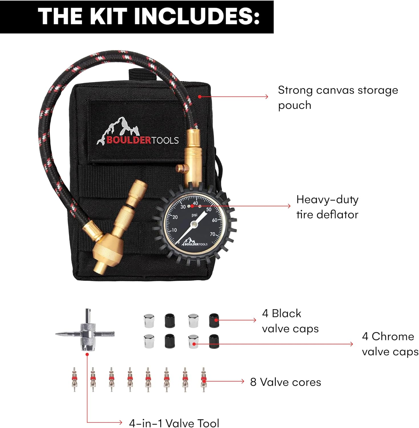 All New Boulder Tools Heavy Duty Rapid Tire Deflator Kit with Valve Caps Valve Cores & 4-In-1 Tire Valve Tool image number 4