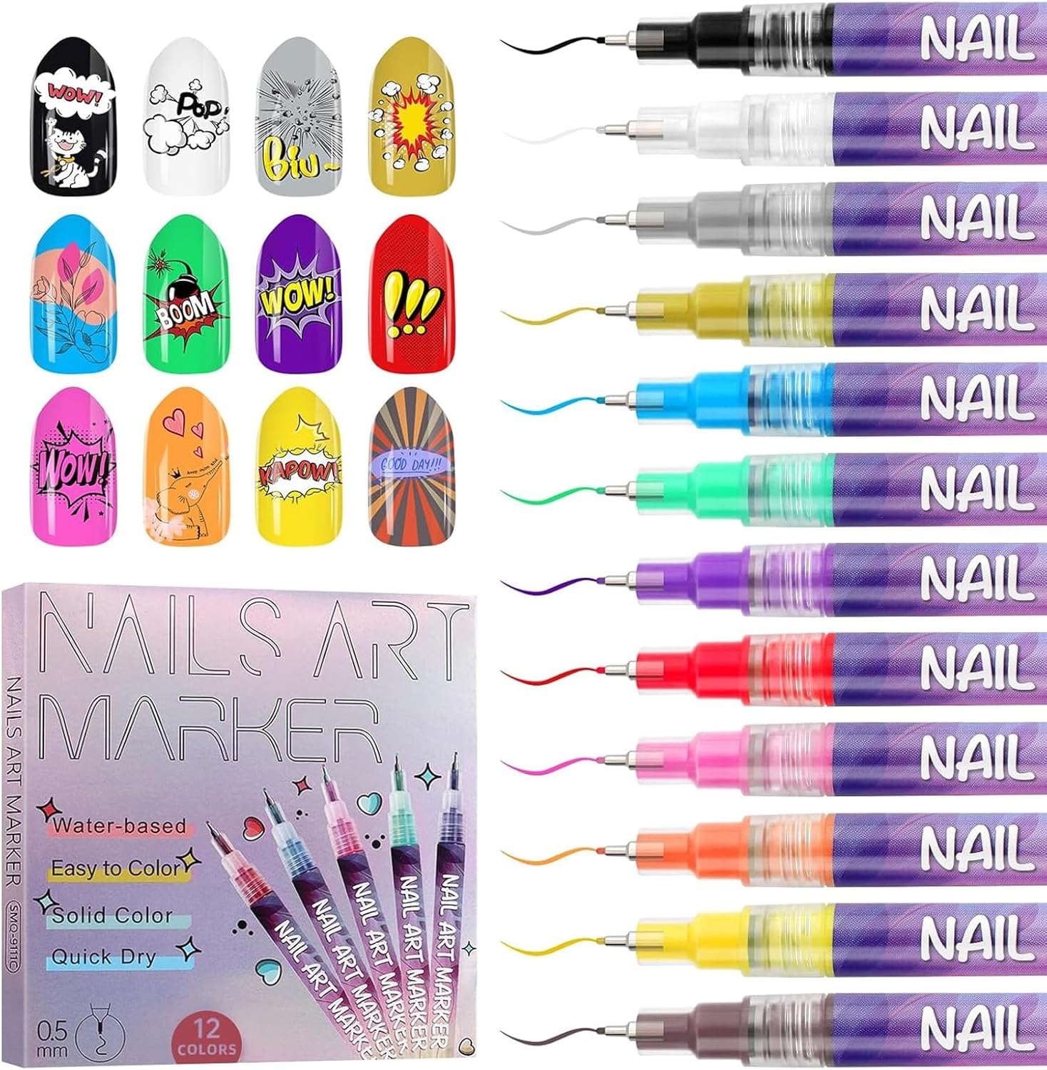 Kalolary 12 Colours 3D Nail Art Pens Upgraded Ultra Thin Tip - Waterproof Nail Polish Pens Quick Drying Nail Graffiti Dotting Painting Liner for DIY Nail Art Design (0.5 Mm) image number 4