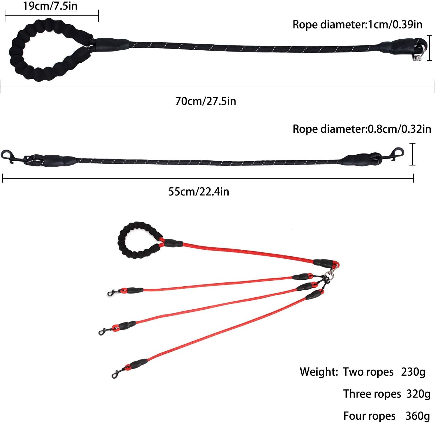 Greeney 3 Way Dog Leash,No Tangle Multiple Dog Rope Leash Nylon Pet Straps for Dog Outdoor Walking (Red)