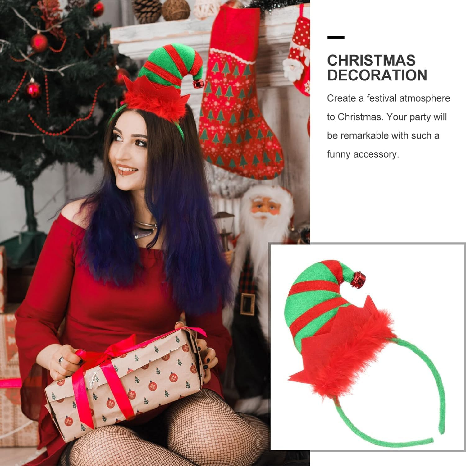 Christmas Plush Headbands Xmas Bell Hat Hair Hoops Headwear Best Christmas Costume for Carnival Party image number 6