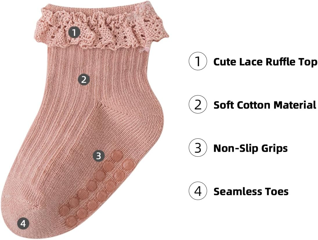Meeshine Baby Toddler Girls anti Slip Ruffle Socks with Grips Newborn Infant Cotton Non Skid Frilly Dress Socks, 5 Packs image number 3