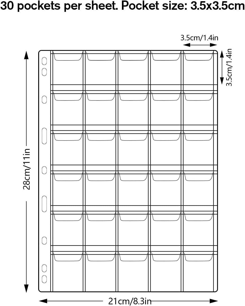 30-Pocket Coin Collection Pages, Coin Collection Supplies Standard 9-Hole Binder Compatible Coin Binder 3.5X3.5Cm Pocket Size Coin and Stamp Collecting Supplies (30Pocket,3.5X3.5Cm,15 Sheet) image number 2