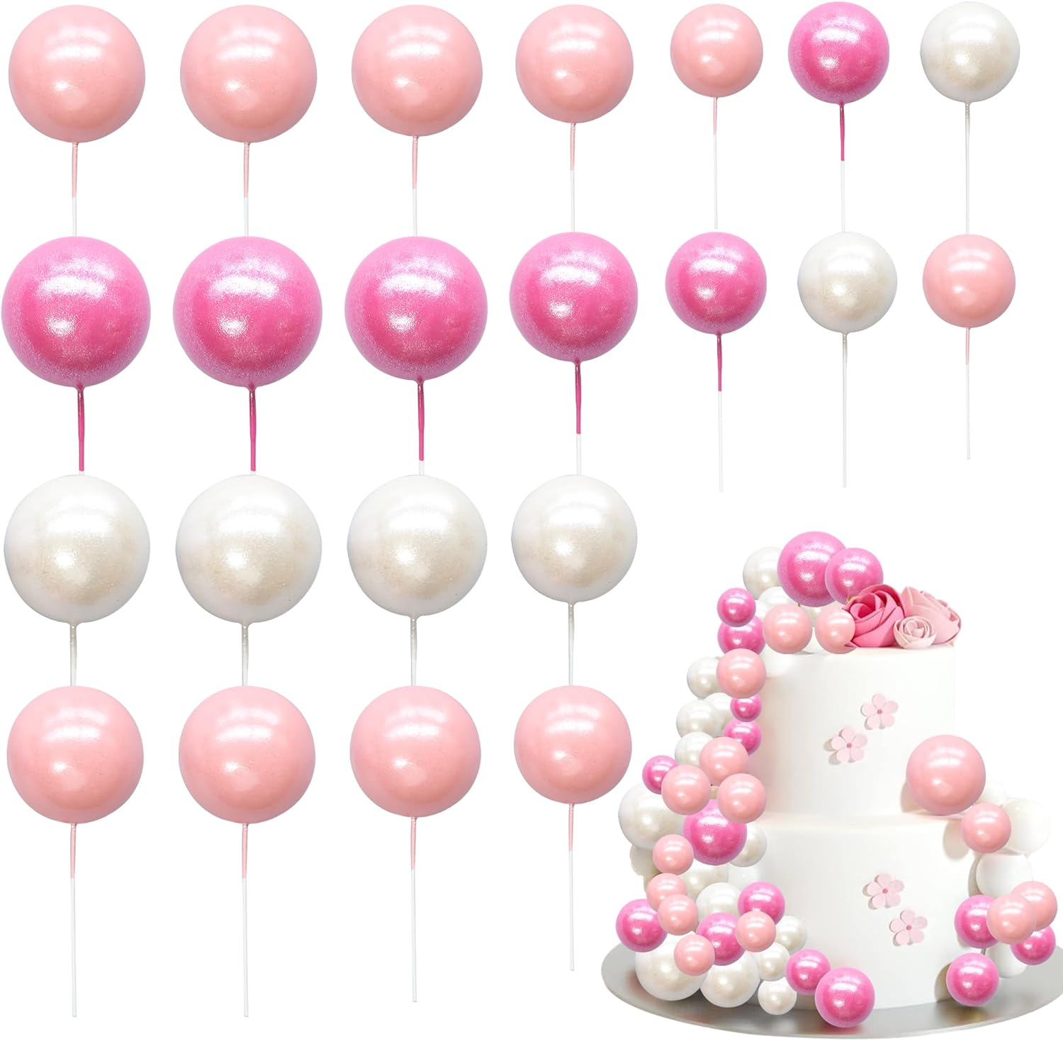 Ephlyn 30Pcs Balls Cake Topper Foam Ball Cake Picks Mini Balloon Cupcake Insert Bubble Balls DIY Decoration for Baby Shower Kids Birthday Party Decorations Pearl White Pink Rose Red image number 2