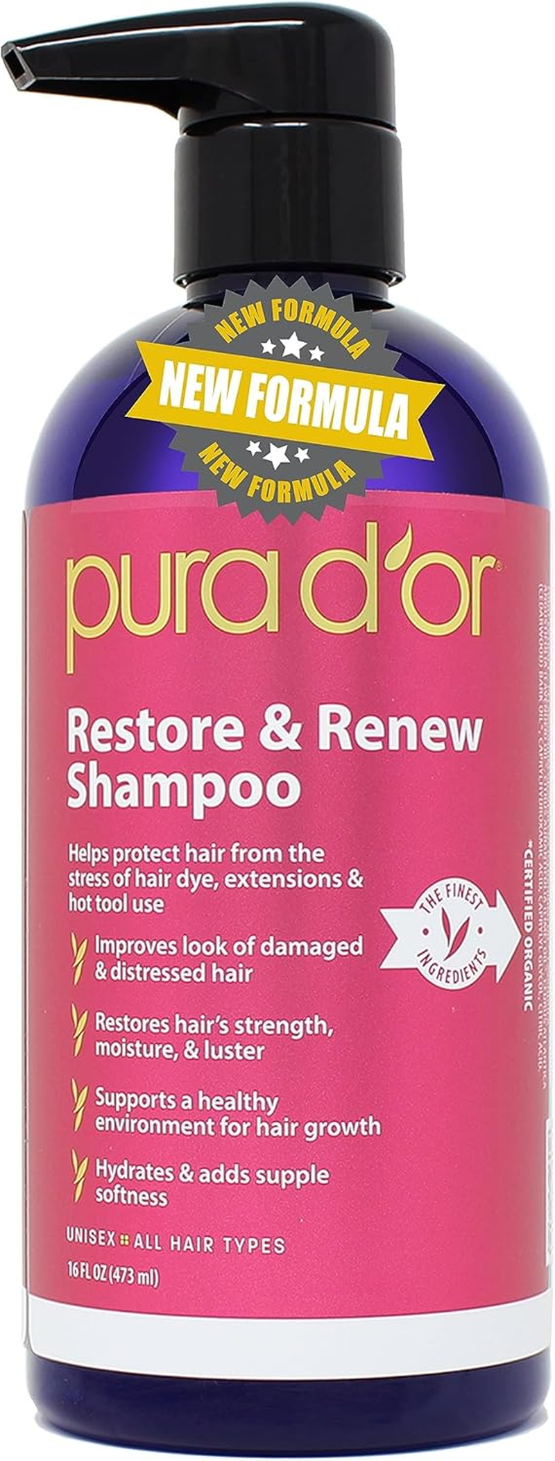 PURA D'OR Restore & Renew Shampoo (16Oz) Hair Protection from Dye, Extensions and Heat Tools, Infused with Organic Aloe Vera, Rosemary Leaf Oil, Sea Buckthorn Fruit Oil, & Cacay Seed Oil image number 4