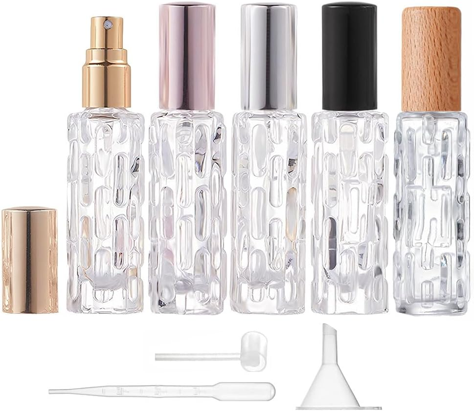 Aieino 5PCS 10Ml Travel Perfume Atomiser Refillable - Portable Perfume Bottle Mini Aftershave Atomisers Spray Bottles Non Leakable with Funnel Dispenser for Women, Pocket Handbag(Lines, Multicolour)