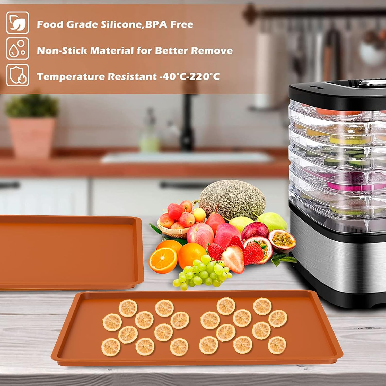 4Pcs / 6Pcs Silicone Tray Liner,Dryer Mat,Silicone Tray Mat,Silicone Fruit Leather Trays,Fruit Leather Tray,Non Stick Silicone Dehydrator Mats for Fruits Meat Vegetables (4Pcs / Set) image number 3