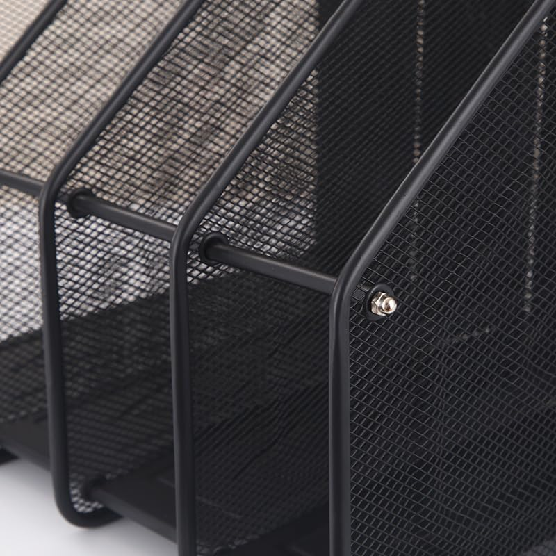 Mesh Desktop File Folder Organiser, 4-Compartment Desk Organiser for Document Folders, Vertical Filing Cabinet for Letter Mail Folder, Black Book Magazine Holder image number 5