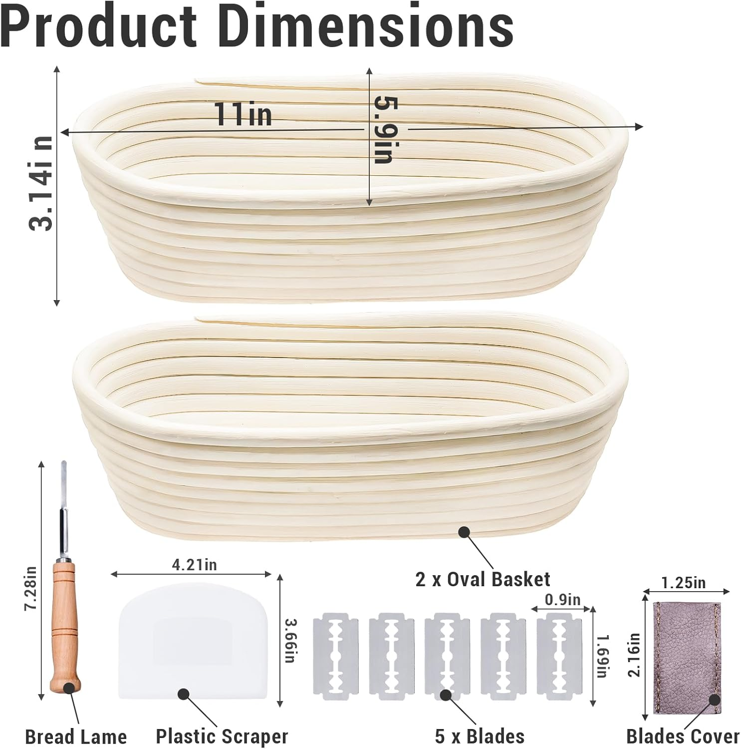 Banneton Bread Proofing Basket Set of 2, 11 Inch Oval Bread Basket Sourdough Bread Baking Supplies Bread Making Tools Proofing Bowls with Bread Lame, Linen Liner and Dough Scraper
