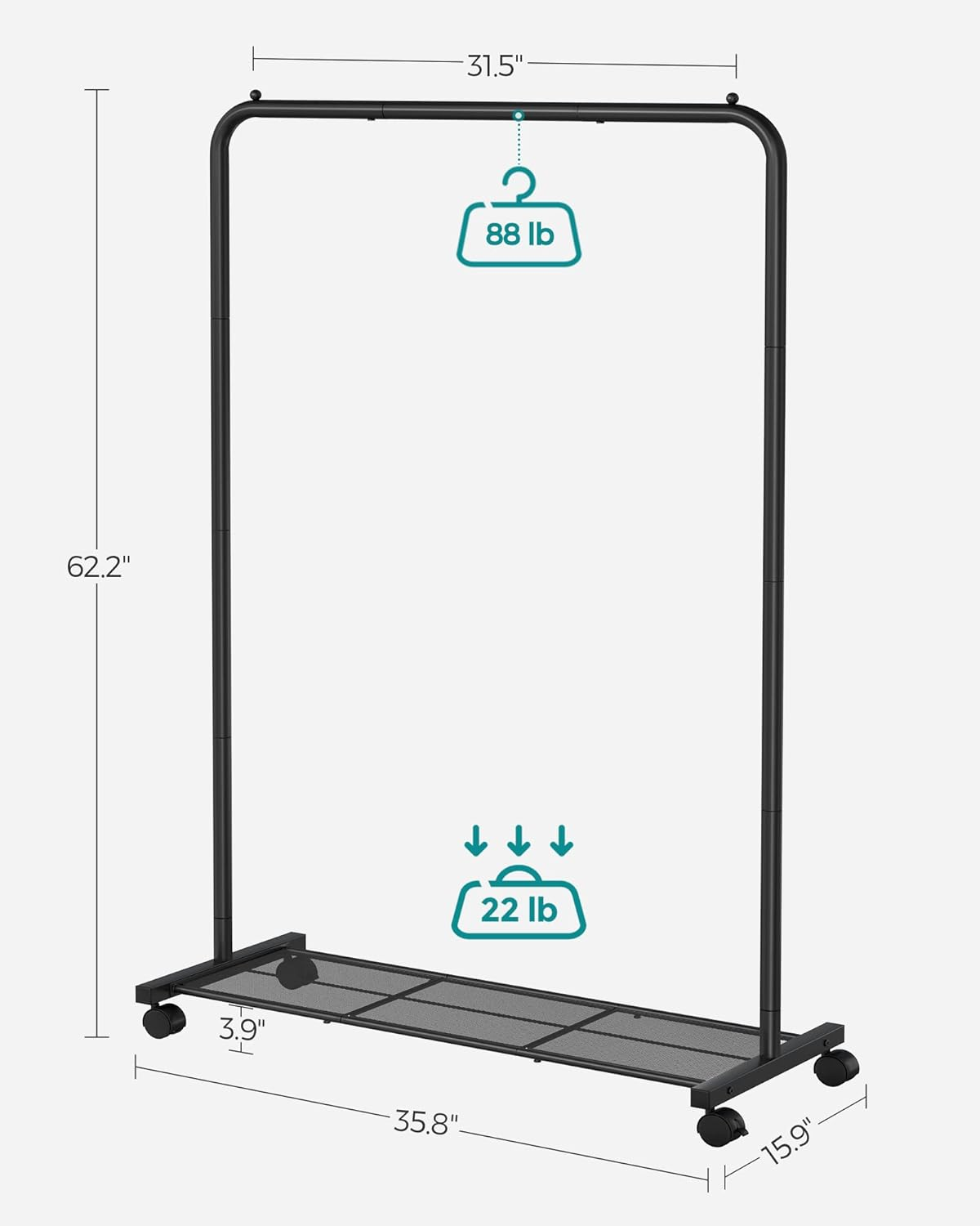 SONGMICS Clothes Rack with Wheels, Metal Clothing Rack for Hanging Clothes, Garment Rack with Mesh Shelf, Rod Holds up to 88 Lb,For Bags, Shoes, Storage Boxes, Black HSR25BK image number 2