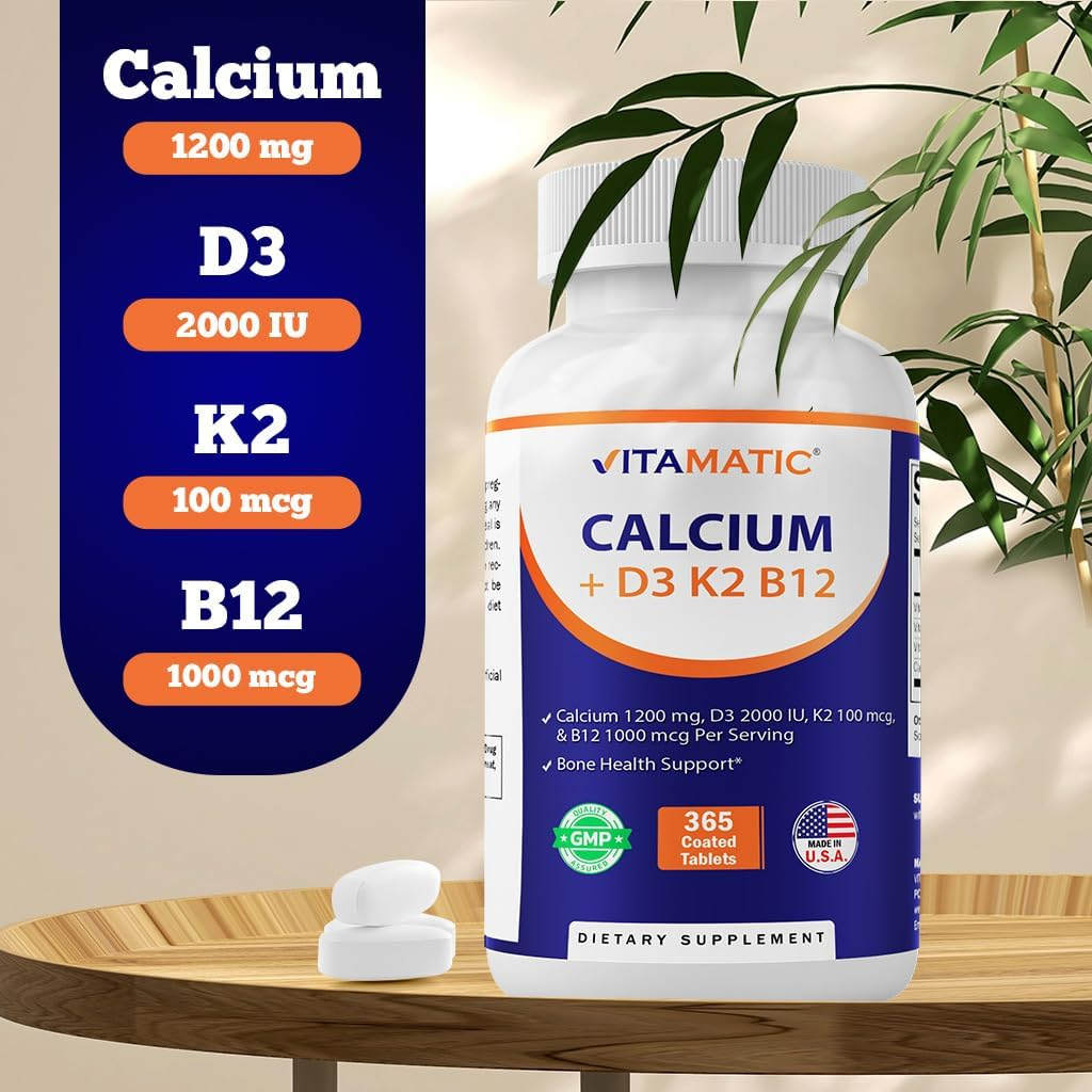 Vitamatic Calcium Supplement 1200Mg with D3, K2 & B12, Immune & Bone Health Support - 365 Coated Tablets image number 1