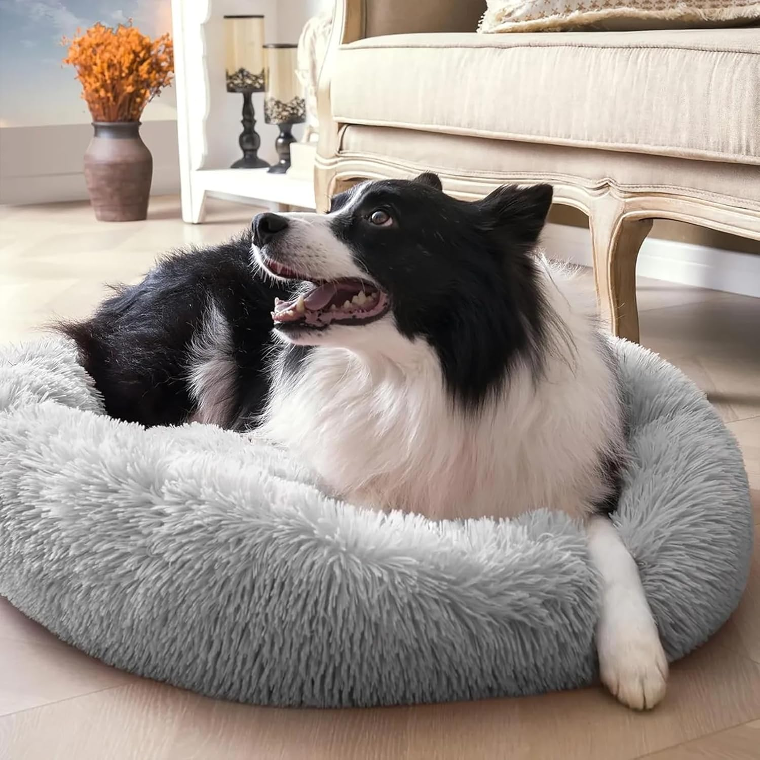 80Cm Medium Calming Dog Bed, Anti-Anxiety Donut Cuddler Cat Bed with Anti-Slip Bottom, Washable round Fluffy Pet Bed for Medium Large Dog & Cat, Light Grey image number 3