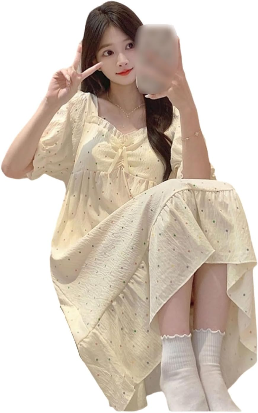 Fiber Blended Nightgown Short-Sleeved with Chest Pads Loose and Thin Nightdress Can Be Worn Outside image number 3