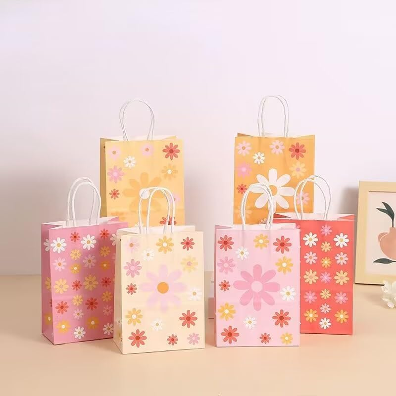 18PCS Kraft Paper Party Gift Bags, 6 Flowers Patterns Goodies Loot Bags Paper Gift Bags Small Party Favors Bags for Kids Birthday, Baby Shower, Wedding, Halloween, Christmas Crafts and Party Supplies image number 1