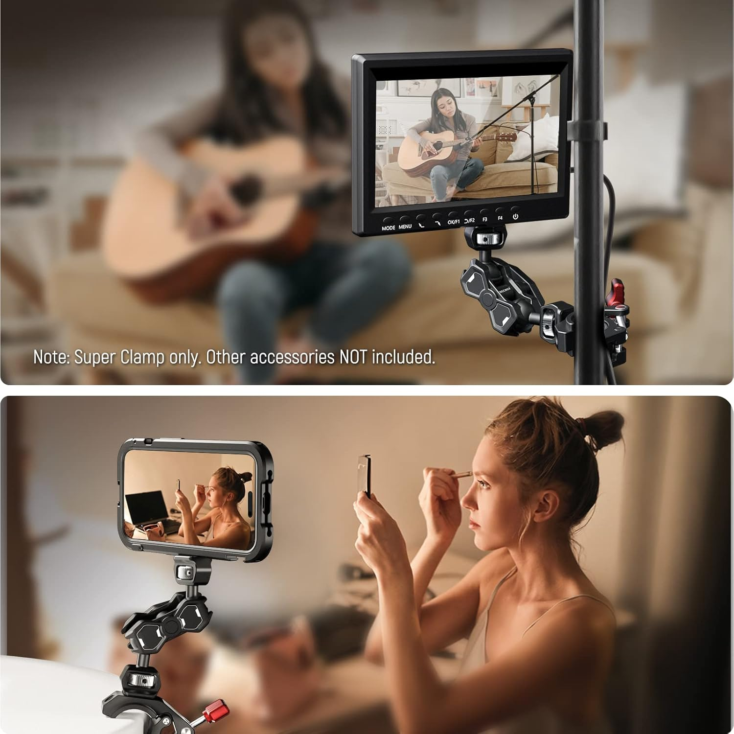 NEEWER Super Clamp with Cold Shoe and 1/4" 3/8" Threaded Holes, Max Load 4.4Lb/2Kg, Crab Shaped Camera Clamp Mount for Most Photography Accessories, Compatible with Smallrig Magic Arms, ST81 - Black image number 7