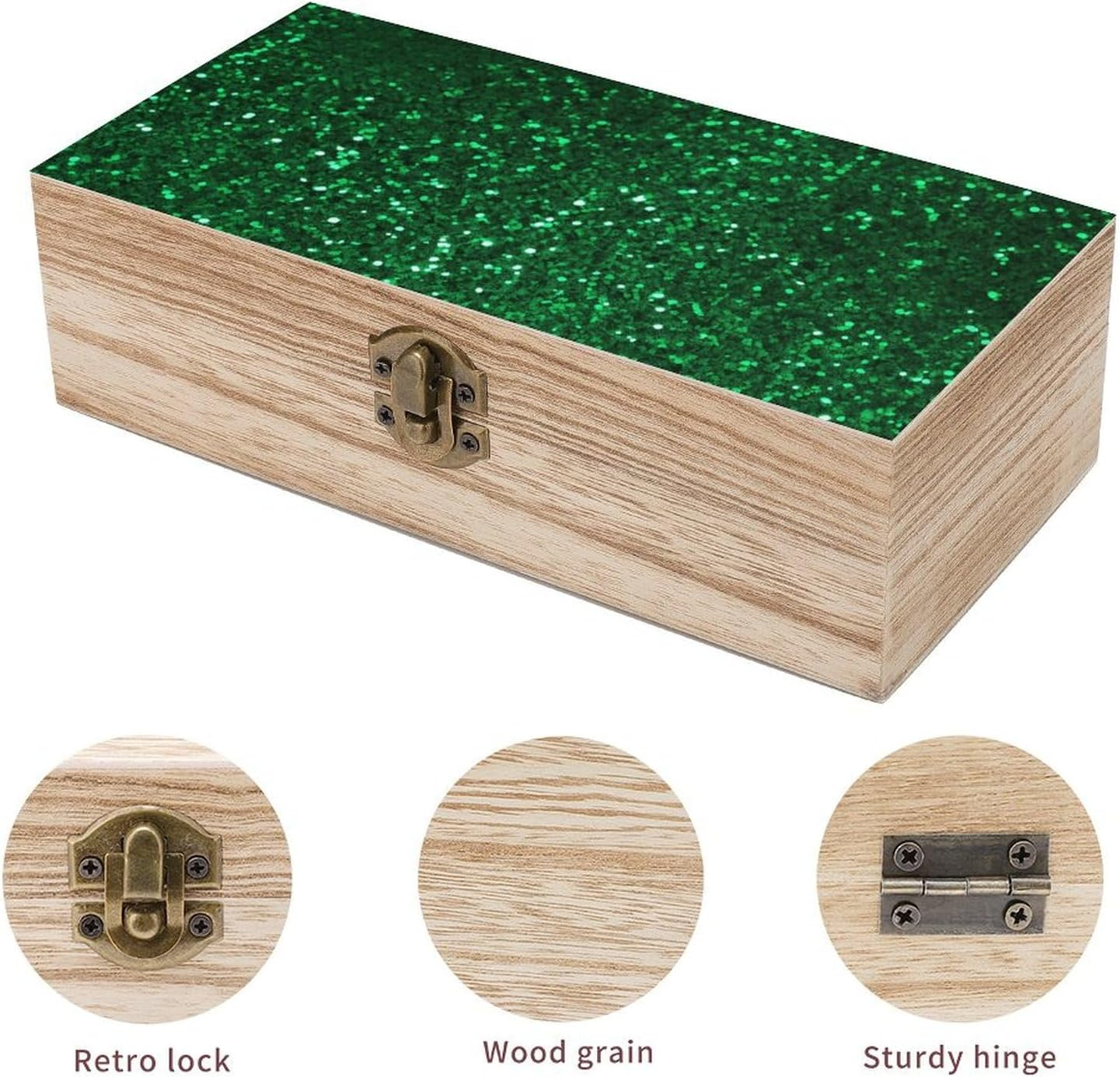 Green Sequin Sparkle Wooden Box Wood Wedding Keepsake Boxes with Lids Small Decorative Boxes Lightweight Wooden Memory Storage Box for Crafts Keepsakes Jewelry Photo Letter Storage image number 3