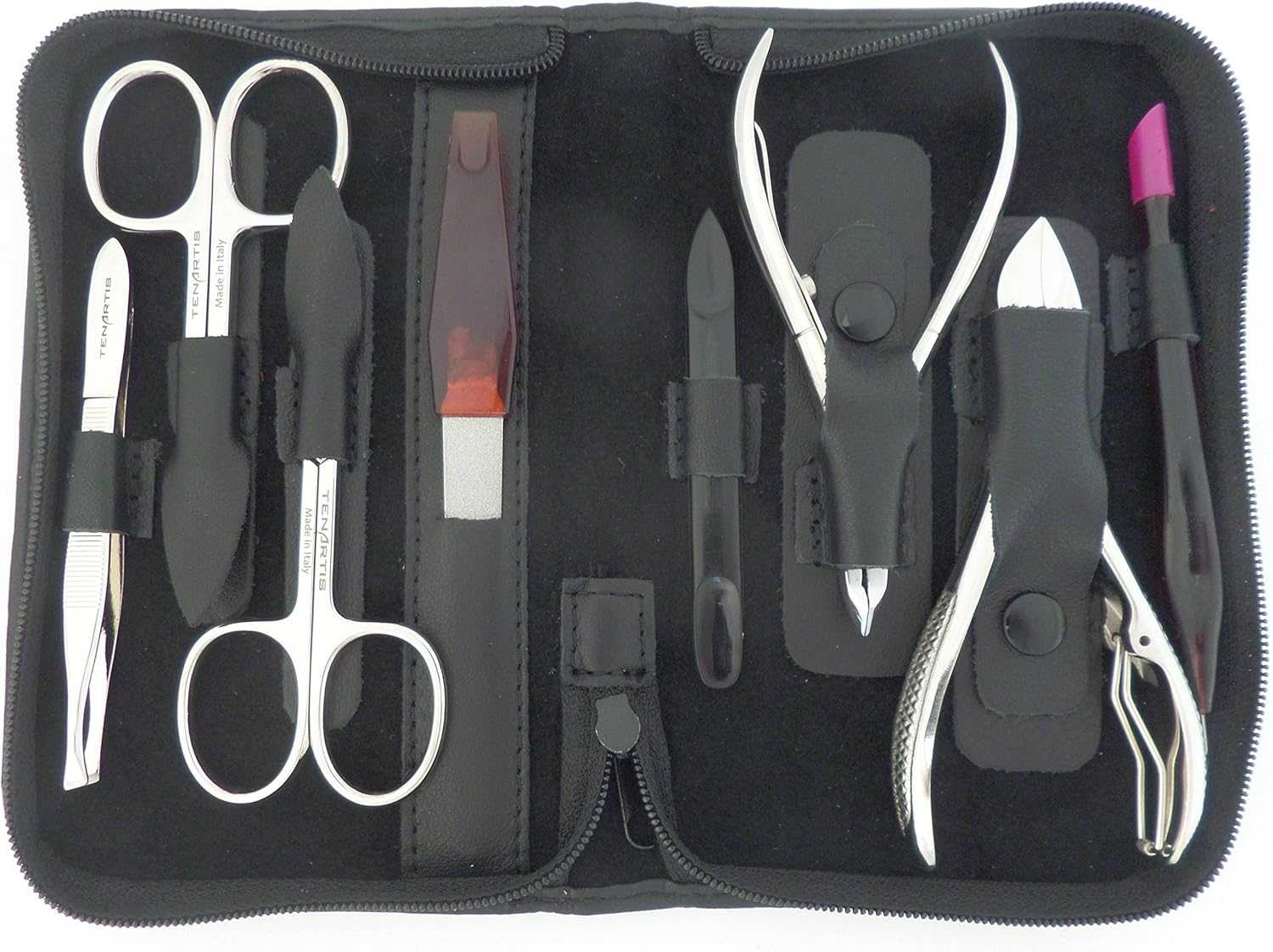 364 5-Piece Black Nappa & White Genuine Leather Manicure Set - Made in Italy
