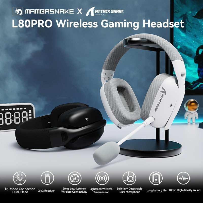 Mambasnake&times;Attack Shark L80PRO Gaming Headset, Lightweight Over-Ear Gaming Headphones,Wired/Bt/2.4G Wireless,Dual Microphone Stereo Surround Sound Low Latency for Pc/Smartphone/Laptop/Tablet-White image number 3
