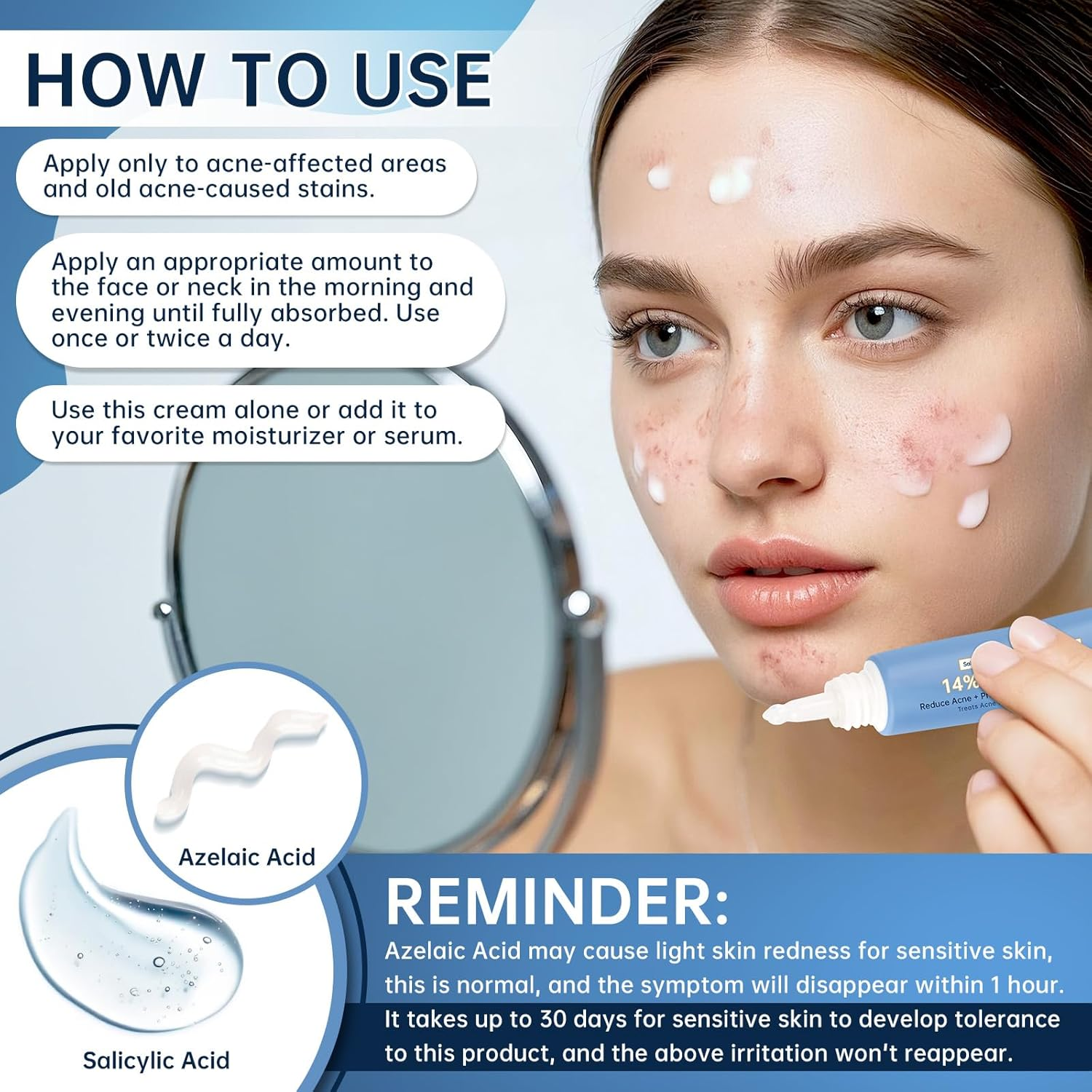 14% Azelaic Acid Cream - Azelaic Acid Serum with Hyaluronic Acid, Niacinamide & Squalane - Pore Refining & Oil Control - Face Moisturizer for All Skin Types, 30ML image number 5