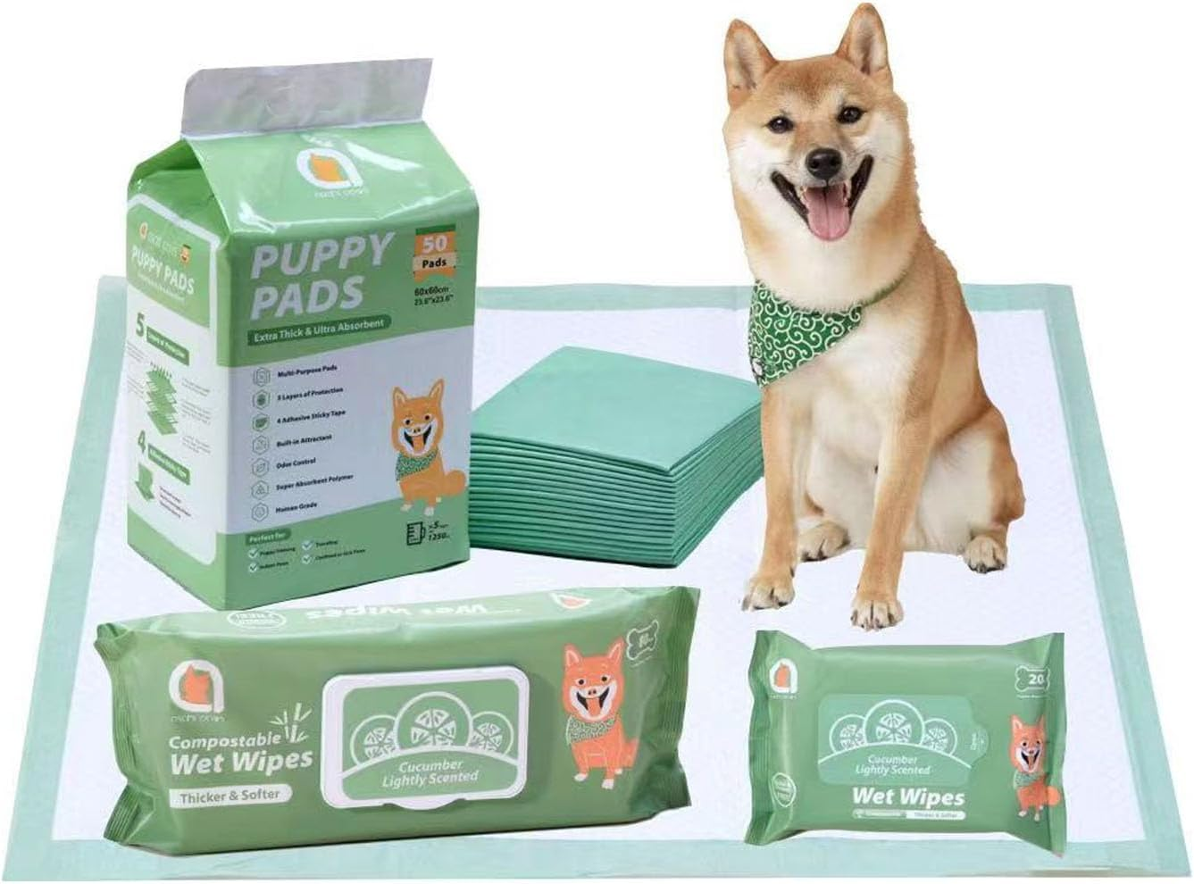 Puppy Training Essentials Bundle:Regular Puppy Training Pads with Bamboo-Based Compostable Pet Wet Wipes(80 Large Wipes)+Travel Pack Pet Wet Wipes(20 Regular Wipes) (50 Large Pads +100 Wipes Cucumber) image number 5