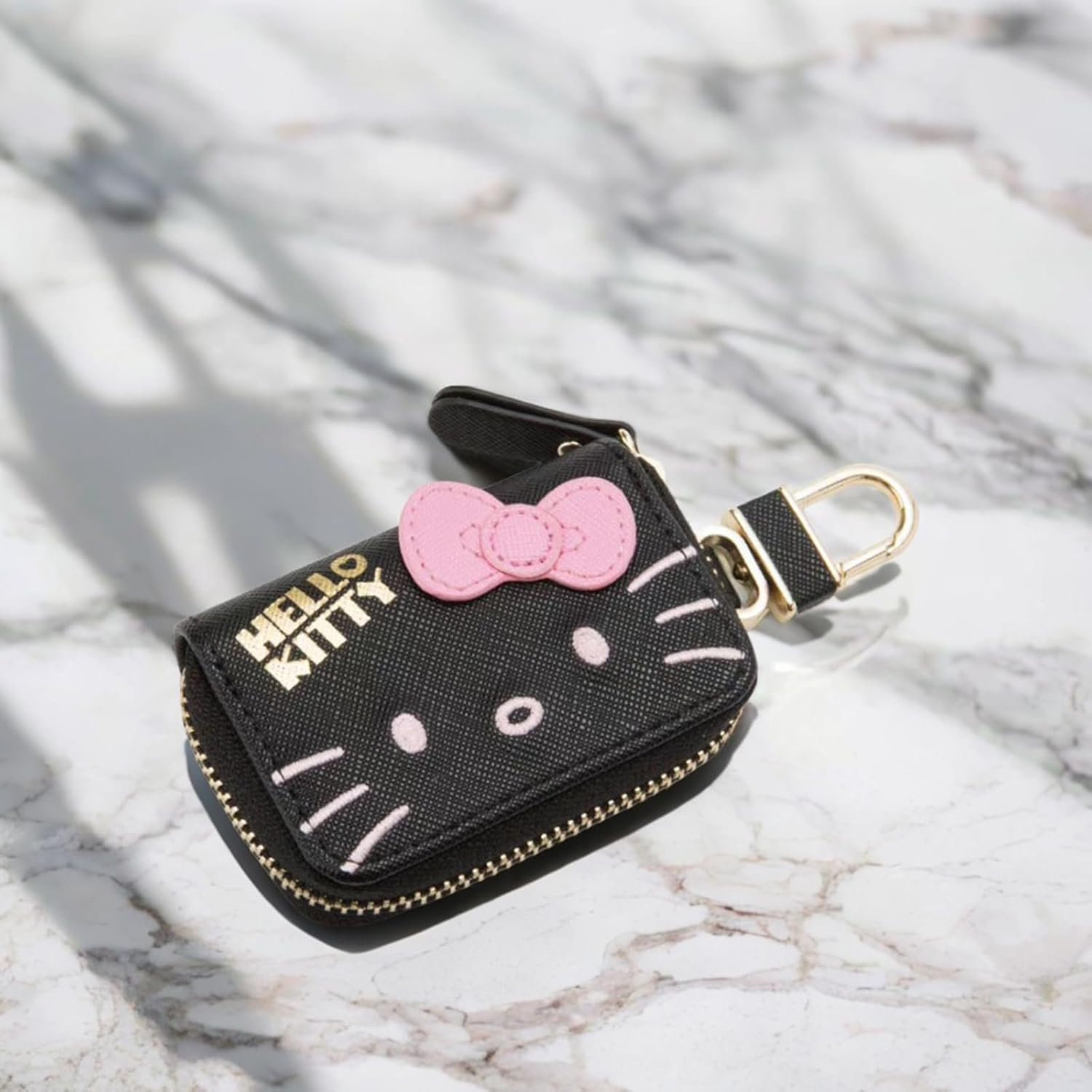 Cute Car Remote Key Case, PU Leather Car Key Holder Ring Box, Metal Hook Zipper Embroidered Bag, for Women and Men - Black image number 4
